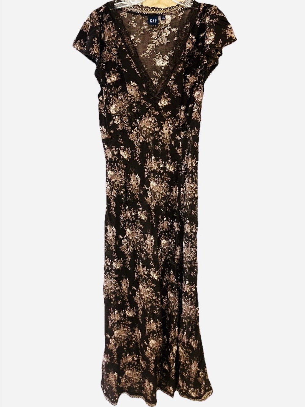 Gap Brown Floral Maxi Dress Lace Trim Cottagecore Prairie Boho MT